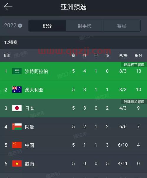 2022世界杯亚洲区积分榜